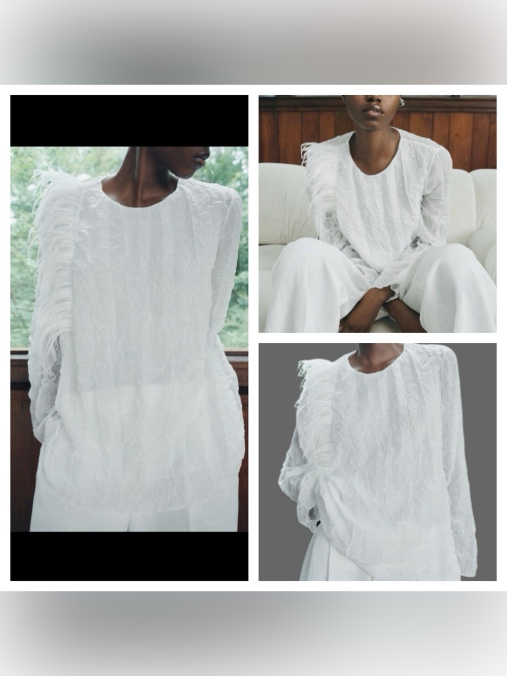 Zara White Fringe-Trim Textured Long-Sleeve Top size S